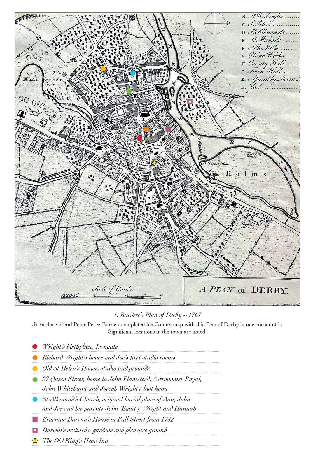 Burdett's Plan of Derby 1767. Joe’s close friend Peter Perez Burdett completed his County map with this Plan of Derby in one corner of it. Significant locations in the town are noted.